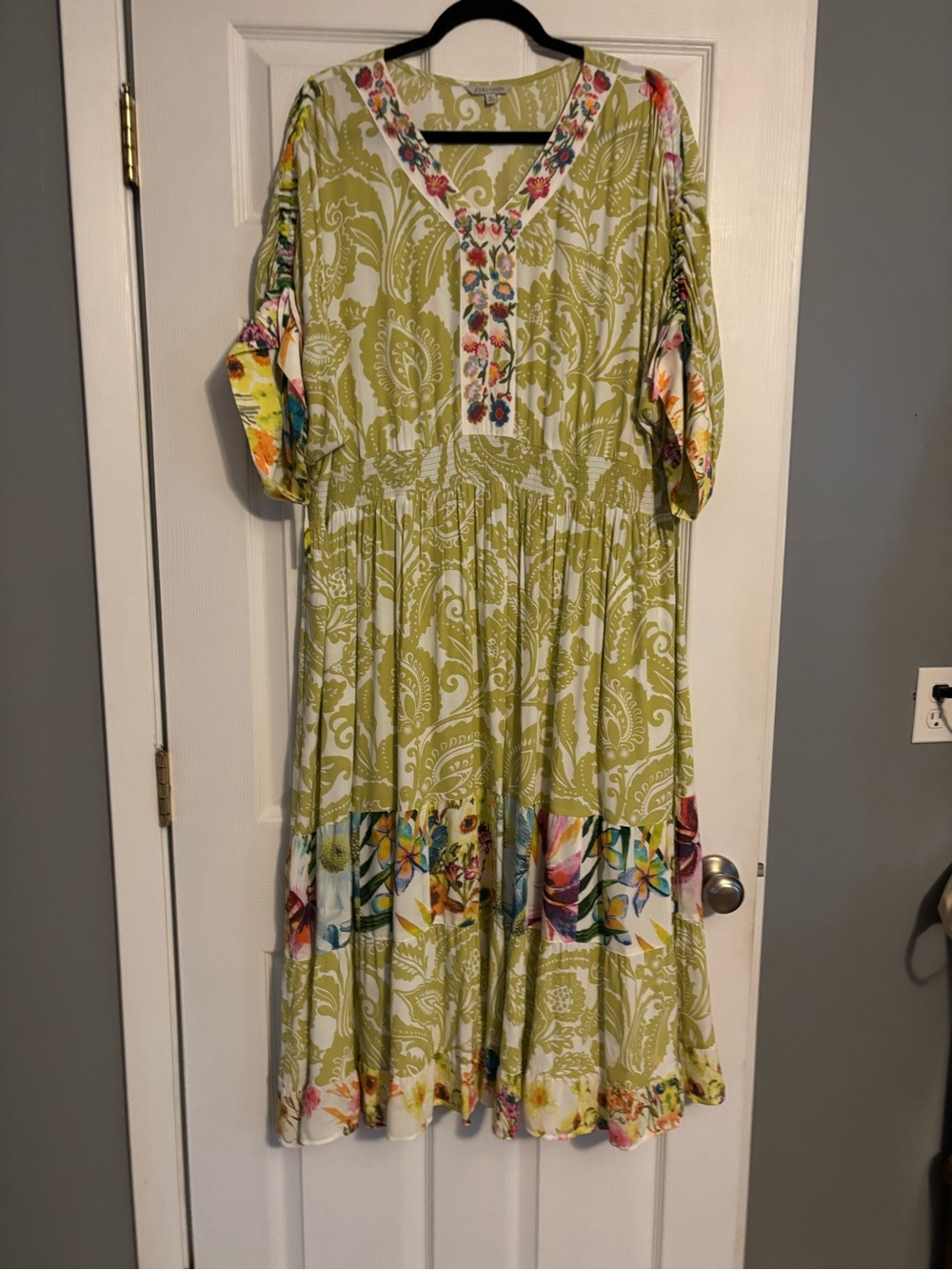 John Mark Paisley-Print Green Maxi Dress with Floral Trim